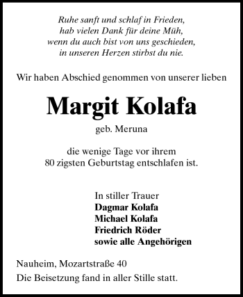 Traueranzeige von Margit Kolafa von Rüsselsheimer Echo, Groß-Gerauer-Echo, Ried Echo