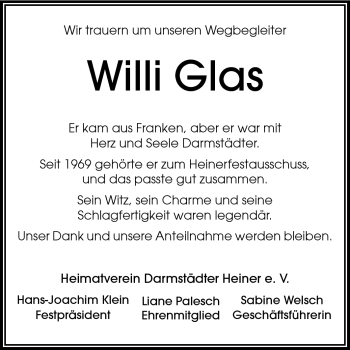 Traueranzeige von Willi Glas von Echo-Zeitungen (Gesamtausgabe)
