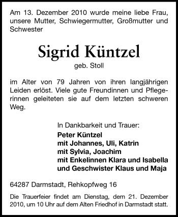 Traueranzeige von Sigrid Küntzel von Darmstädter Echo, Odenwälder Echo, Rüsselsheimer Echo, Groß-Gerauer-Echo, Ried Echo
