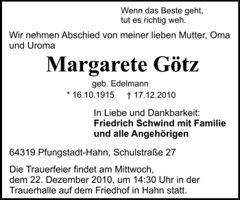Traueranzeige von Margarete Götz von Echo-Zeitungen (Gesamtausgabe)