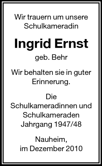 Traueranzeige von Ingrid Ernst von Rüsselsheimer Echo, Groß-Gerauer-Echo, Ried Echo