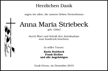 Traueranzeige von Anna Maria Striebeck von Rüsselsheimer Echo, Groß-Gerauer-Echo, Ried Echo