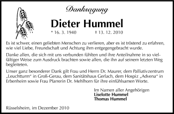 Traueranzeige von Dieter Hummel von Rüsselsheimer Echo, Groß-Gerauer-Echo, Ried Echo