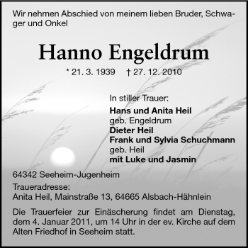 Traueranzeige von Hanno Engeldrum von Echo-Zeitungen (Gesamtausgabe)