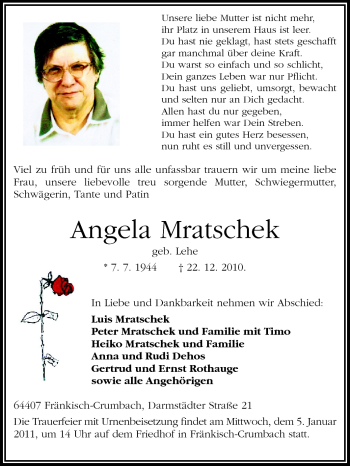 Traueranzeige von Angela Mratschek von Odenwälder Echo
