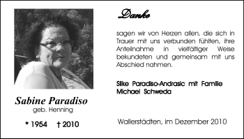 Traueranzeige von Sabine Paradiso von Rüsselsheimer Echo, Groß-Gerauer-Echo, Ried Echo