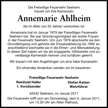 Traueranzeige von Annemarie Ahlheim von Darmstädter Echo, Odenwälder Echo, Rüsselsheimer Echo, Groß-Gerauer-Echo, Ried Echo