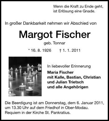 Traueranzeige von Margot Fischer von Darmstädter Echo, Odenwälder Echo, Rüsselsheimer Echo, Groß-Gerauer-Echo, Ried Echo