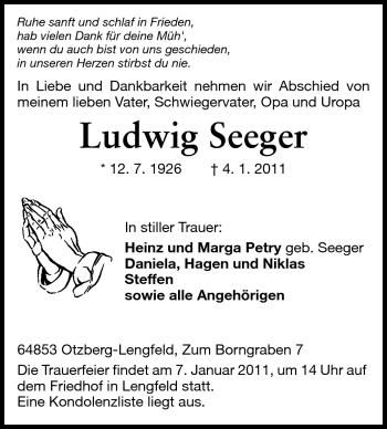 Traueranzeige von Ludwig Seeger von Darmstädter Echo, Odenwälder Echo, Rüsselsheimer Echo, Groß-Gerauer-Echo, Ried Echo