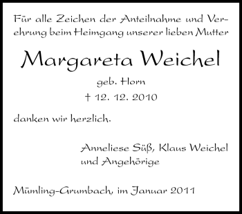 Traueranzeige von Margareta Weichel von Odenwälder Echo