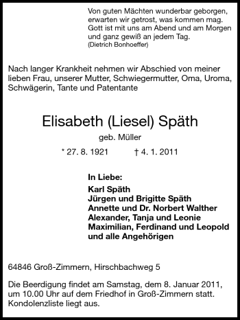 Traueranzeige von Späth Elisabeth (Liesel) von Echo-Zeitungen (Gesamtausgabe)