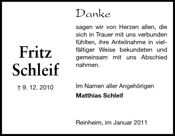 Traueranzeige von Fritz Schleif von Darmstädter Echo, Odenwälder Echo, Rüsselsheimer Echo, Groß-Gerauer-Echo, Ried Echo