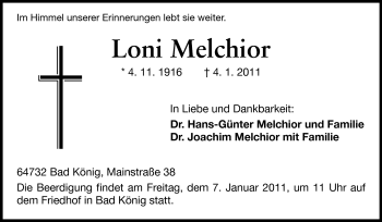 Traueranzeige von Loni Melchior von Odenwälder Echo