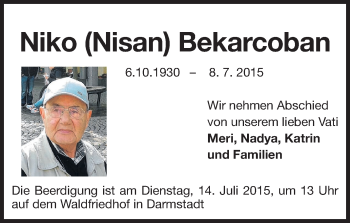 Traueranzeige von Niko Bekarcoban von Echo-Zeitungen (Gesamtausgabe)