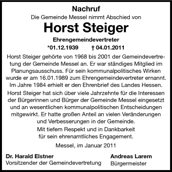 Traueranzeige von Horst Steiger von Echo-Zeitungen (Gesamtausgabe)