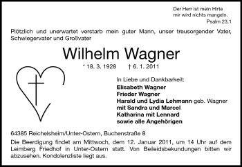 Traueranzeige von Wilhelm Wagner von Odenwälder Echo