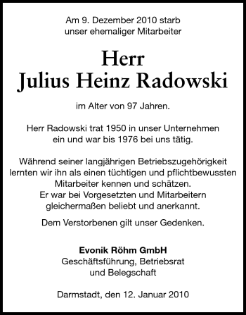 Traueranzeige von Julius Heinz Radowski von Darmstädter Echo, Odenwälder Echo, Rüsselsheimer Echo, Groß-Gerauer-Echo, Ried Echo