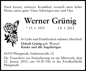 Traueranzeige von Werner Grünig von Darmstädter Echo, Odenwälder Echo, Rüsselsheimer Echo, Groß-Gerauer-Echo, Ried Echo