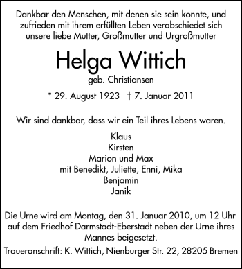 Traueranzeige von Helga Wittich von Echo-Zeitungen (Gesamtausgabe)