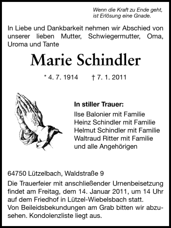 Traueranzeige von Marie Schindler von Odenwälder Echo