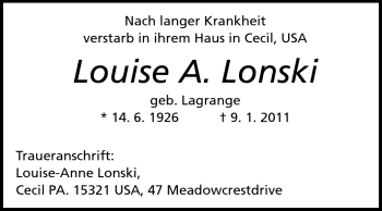 Traueranzeige von Luise A. Lonski von Darmstädter Echo, Odenwälder Echo, Rüsselsheimer Echo, Groß-Gerauer-Echo, Ried Echo