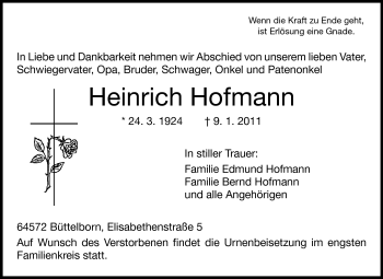 Traueranzeige von Heinrich Hofmann von Rüsselsheimer Echo, Groß-Gerauer-Echo, Ried Echo