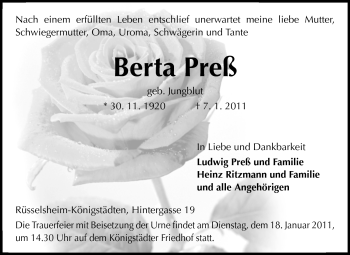 Traueranzeige von Berta Preß von Rüsselsheimer Echo, Groß-Gerauer-Echo, Ried Echo