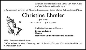Traueranzeige von Christine Ehmler von Darmstädter Echo, Odenwälder Echo, Rüsselsheimer Echo, Groß-Gerauer-Echo, Ried Echo