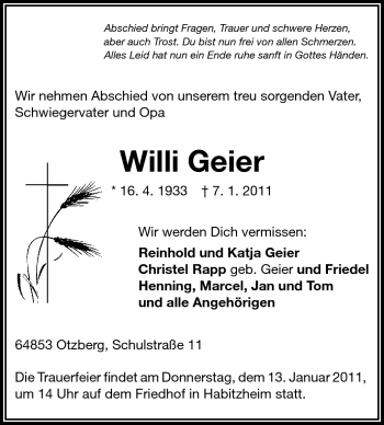 Traueranzeige von Willi Geier  von Echo-Zeitungen (Gesamtausgabe)