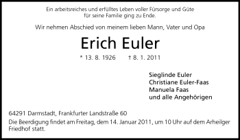 Traueranzeige von Erich Euler von Darmstädter Echo, Odenwälder Echo, Rüsselsheimer Echo, Groß-Gerauer-Echo, Ried Echo