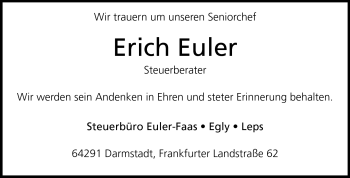 Traueranzeige von Erich Euler von Darmstädter Echo, Odenwälder Echo, Rüsselsheimer Echo, Groß-Gerauer-Echo, Ried Echo