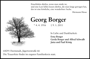 Traueranzeige von Georg Borger von Darmstädter Echo, Odenwälder Echo, Rüsselsheimer Echo, Groß-Gerauer-Echo, Ried Echo