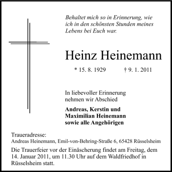 Traueranzeige von Heinz Heinemann von Rüsselsheimer Echo, Groß-Gerauer-Echo, Ried Echo