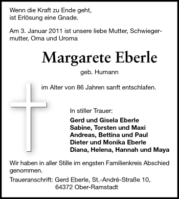 Traueranzeige von Margarete Eberle von Darmstädter Echo, Odenwälder Echo, Rüsselsheimer Echo, Groß-Gerauer-Echo, Ried Echo