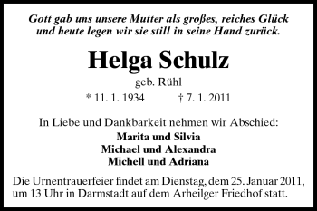 Traueranzeige von Helga Schulz von Darmstädter Echo, Odenwälder Echo, Rüsselsheimer Echo, Groß-Gerauer-Echo, Ried Echo