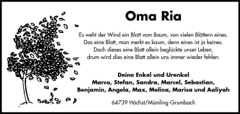 Traueranzeige von Maria Raab von Odenwälder Echo