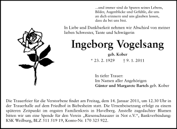 Traueranzeige von Ingeborg Vogelsang von Rüsselsheimer Echo, Groß-Gerauer-Echo, Ried Echo