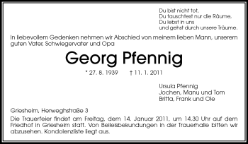Traueranzeige von Georg Pfennig von Darmstädter Echo, Odenwälder Echo, Rüsselsheimer Echo, Groß-Gerauer-Echo, Ried Echo