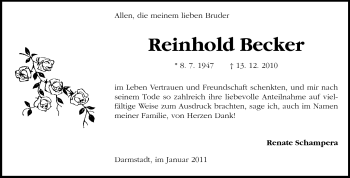Traueranzeige von Reinhold Becker von Darmstädter Echo, Odenwälder Echo, Rüsselsheimer Echo, Groß-Gerauer-Echo, Ried Echo