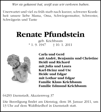 Traueranzeige von Renate Pfundstein von Darmstädter Echo, Odenwälder Echo, Rüsselsheimer Echo, Groß-Gerauer-Echo, Ried Echo