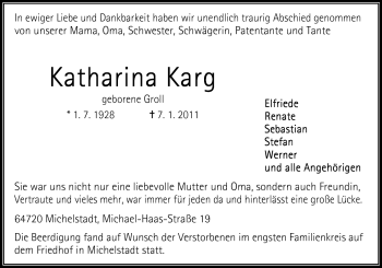 Traueranzeige von Katharina Karg von Odenwälder Echo