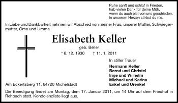 Traueranzeige von Elisabeth Keller von Odenwälder Echo