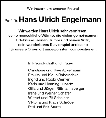 Traueranzeige von Hans Ulrich Engelmann von Darmstädter Echo, Odenwälder Echo, Rüsselsheimer Echo, Groß-Gerauer-Echo, Ried Echo