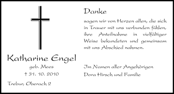 Traueranzeige von Katharine Engel von Rüsselsheimer Echo, Groß-Gerauer-Echo, Ried Echo