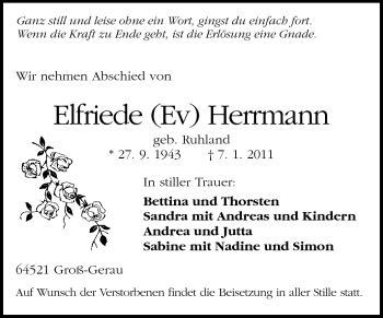 Traueranzeige von Elfriede Herrmann von Rüsselsheimer Echo, Groß-Gerauer-Echo, Ried Echo