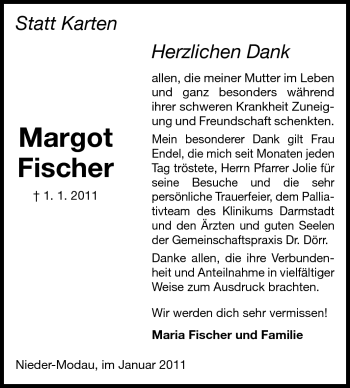 Traueranzeige von Margot Fischer von Darmstädter Echo, Odenwälder Echo, Rüsselsheimer Echo, Groß-Gerauer-Echo, Ried Echo