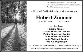 Traueranzeige von Hubert Zimmer von Odenwälder Echo