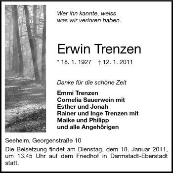 Traueranzeige von Erwin Trenzen von Darmstädter Echo, Odenwälder Echo, Rüsselsheimer Echo, Groß-Gerauer-Echo, Ried Echo