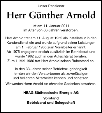 Traueranzeige von Günther Arnold von Darmstädter Echo, Odenwälder Echo, Rüsselsheimer Echo, Groß-Gerauer-Echo, Ried Echo