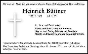 Traueranzeige von Heinrich Büttner von Echo-Zeitungen (Gesamtausgabe)